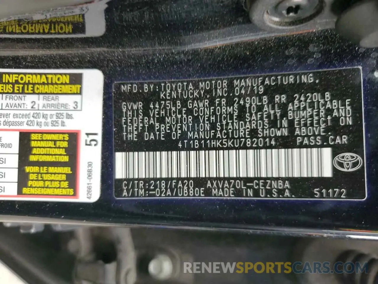12 Фотография поврежденного автомобиля 4T1B11HK5KU782014 TOYOTA CAMRY 2019