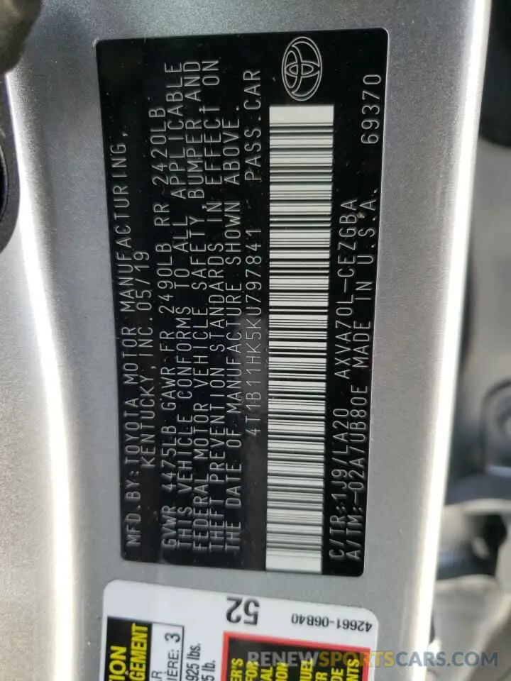 13 Фотография поврежденного автомобиля 4T1B11HK5KU797841 TOYOTA CAMRY 2019