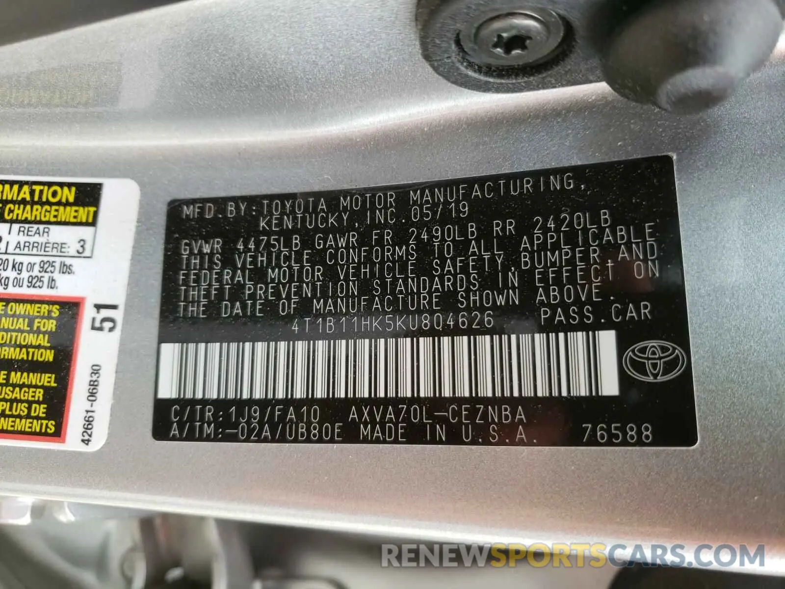 10 Photograph of a damaged car 4T1B11HK5KU804626 TOYOTA CAMRY 2019