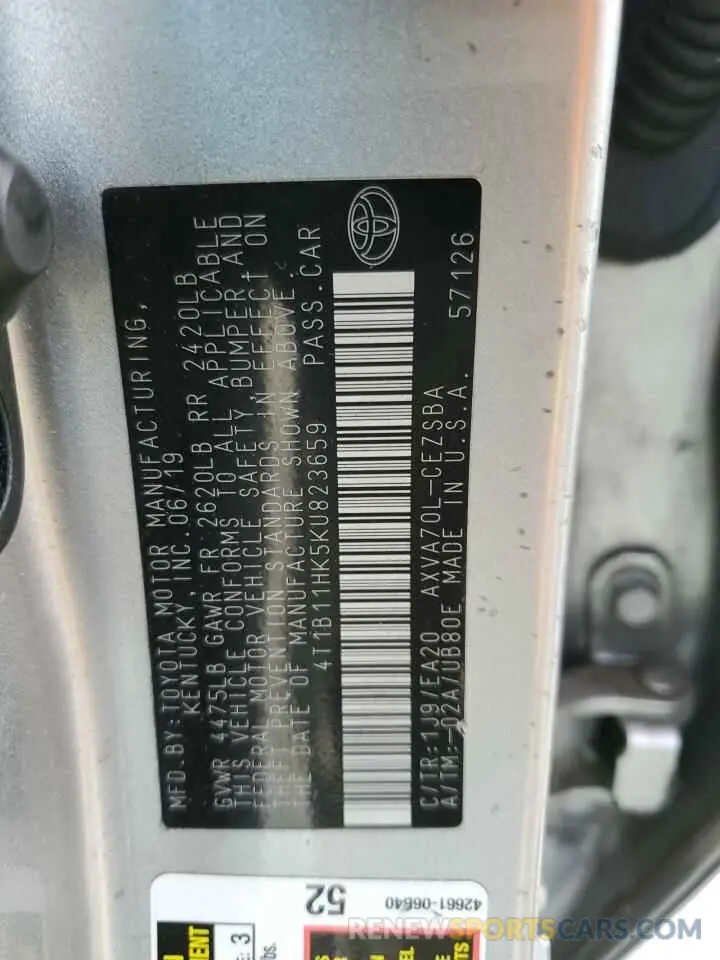 12 Photograph of a damaged car 4T1B11HK5KU823659 TOYOTA CAMRY 2019