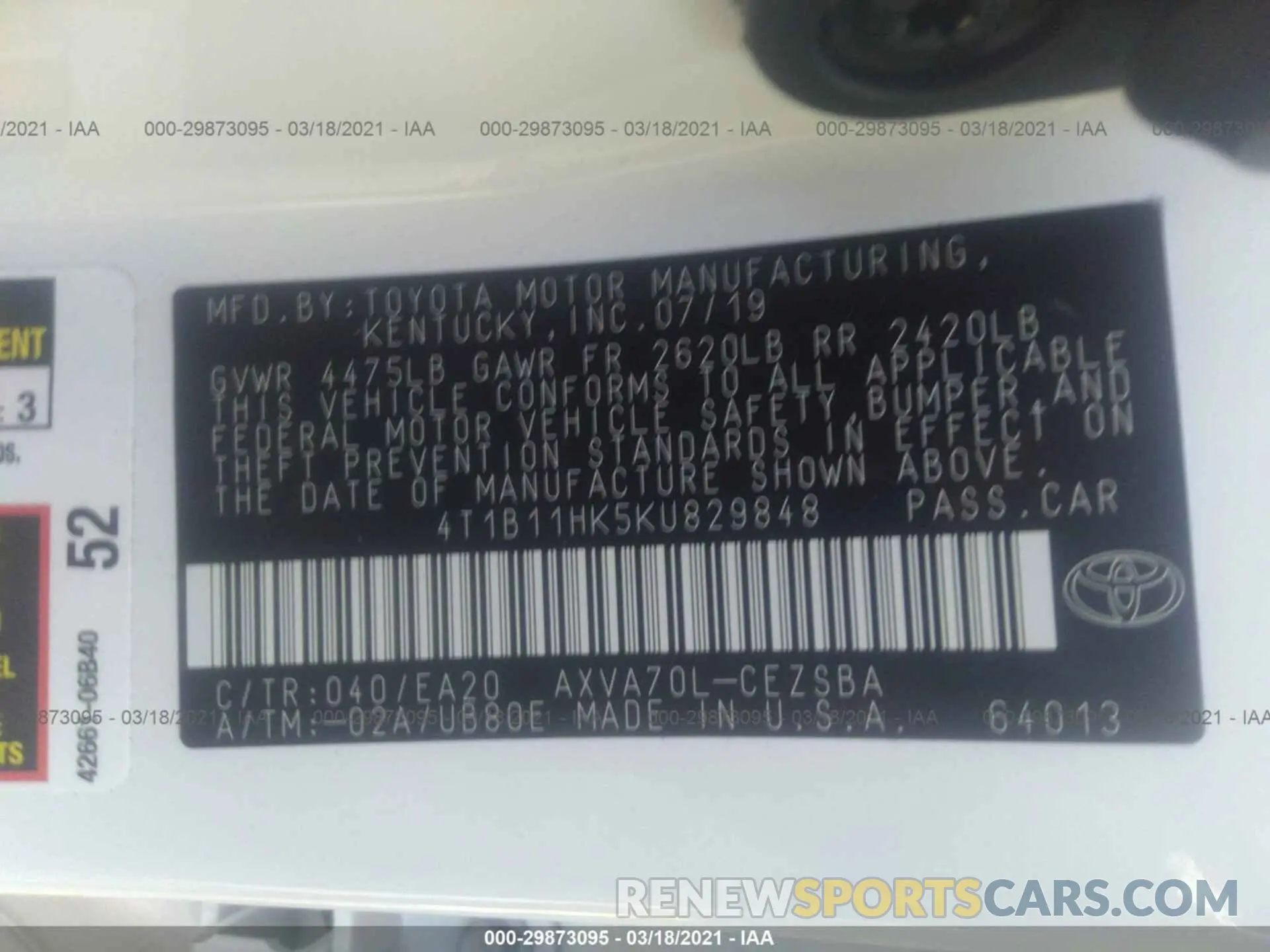 9 Photograph of a damaged car 4T1B11HK5KU829848 TOYOTA CAMRY 2019