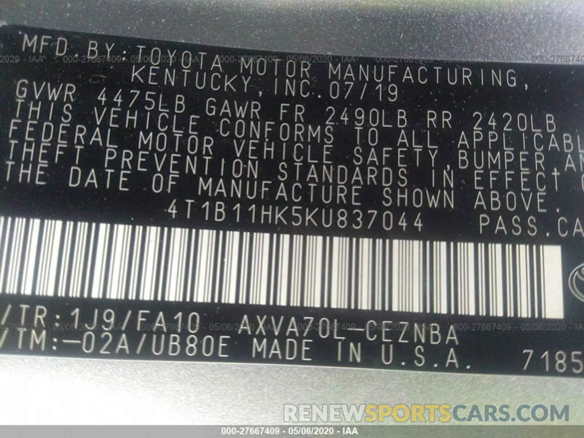 9 Photograph of a damaged car 4T1B11HK5KU837044 TOYOTA CAMRY 2019