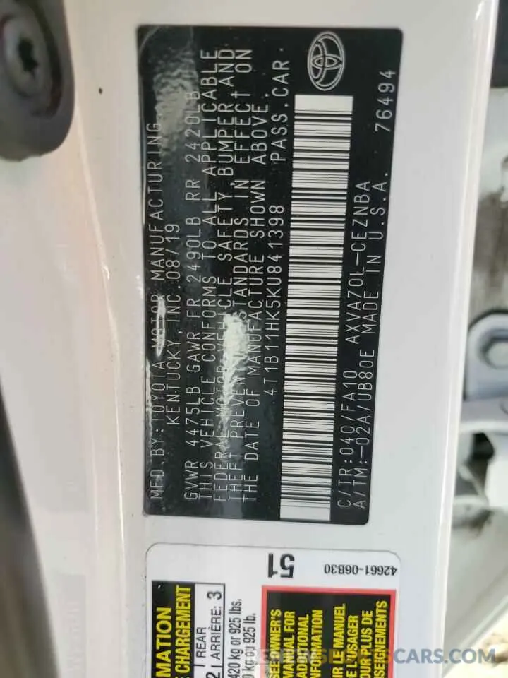 12 Photograph of a damaged car 4T1B11HK5KU841398 TOYOTA CAMRY 2019