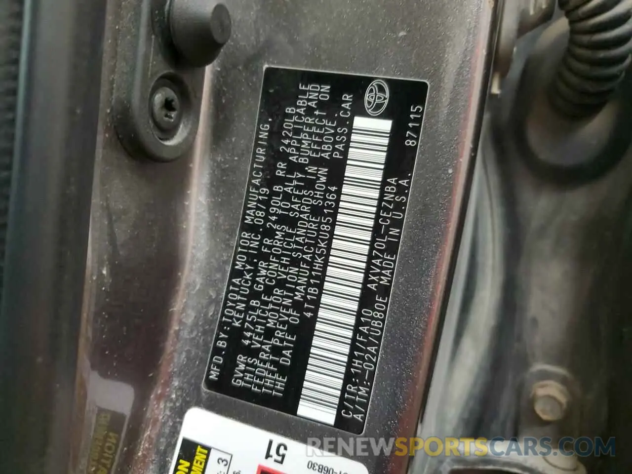 12 Photograph of a damaged car 4T1B11HK5KU851364 TOYOTA CAMRY 2019