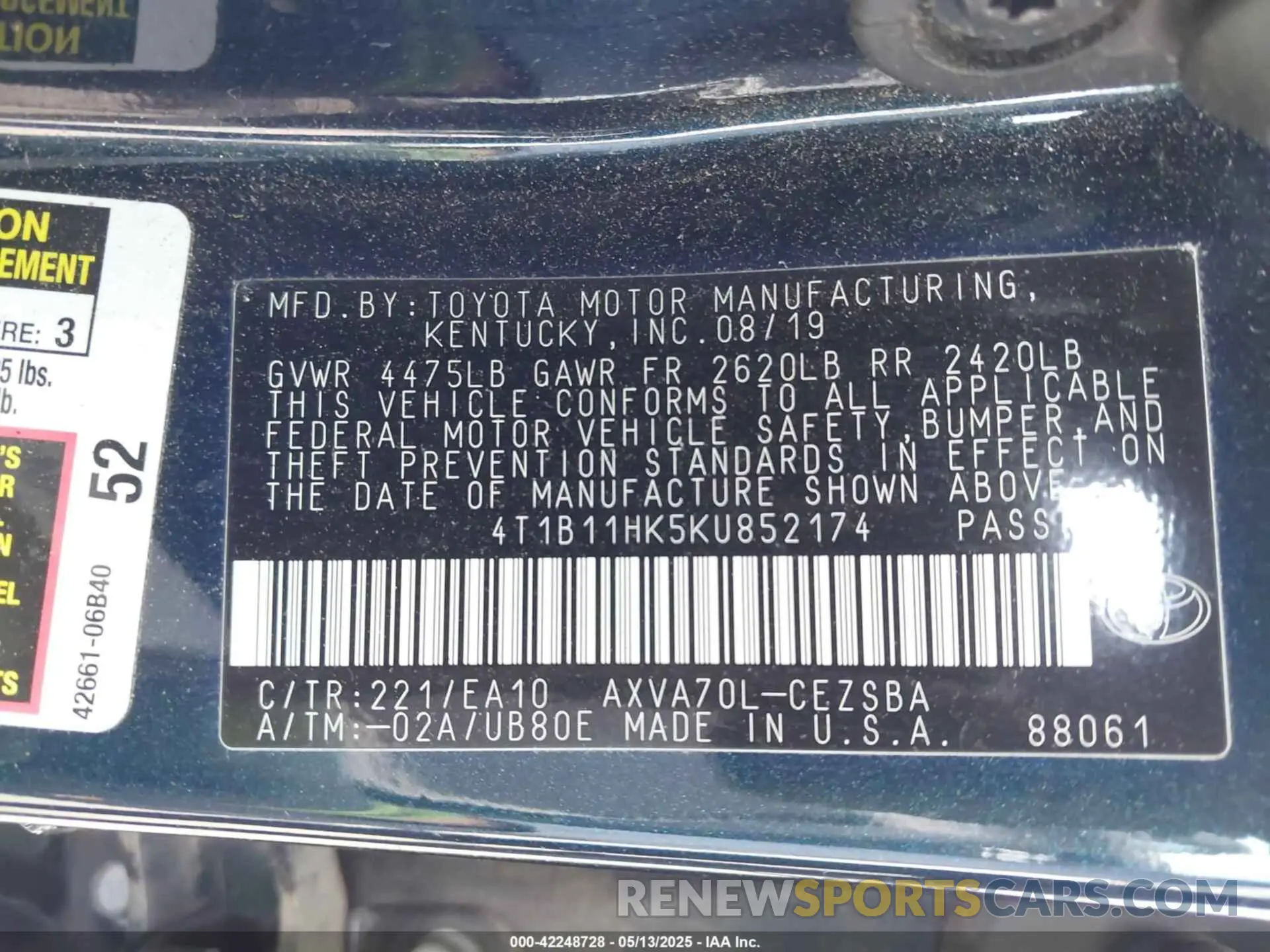 9 Фотография поврежденного автомобиля 4T1B11HK5KU852174 TOYOTA CAMRY 2019