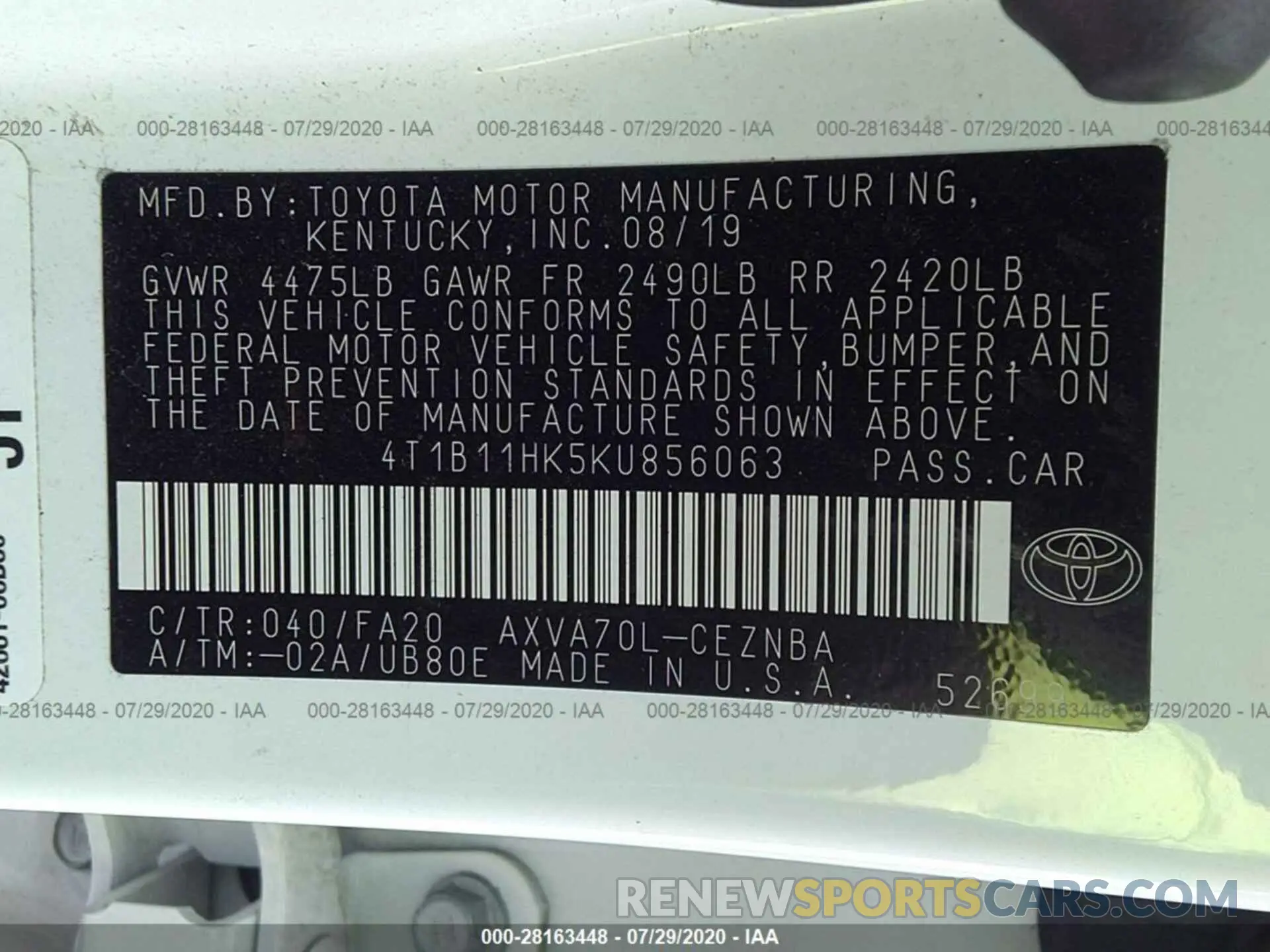9 Photograph of a damaged car 4T1B11HK5KU856063 TOYOTA CAMRY 2019