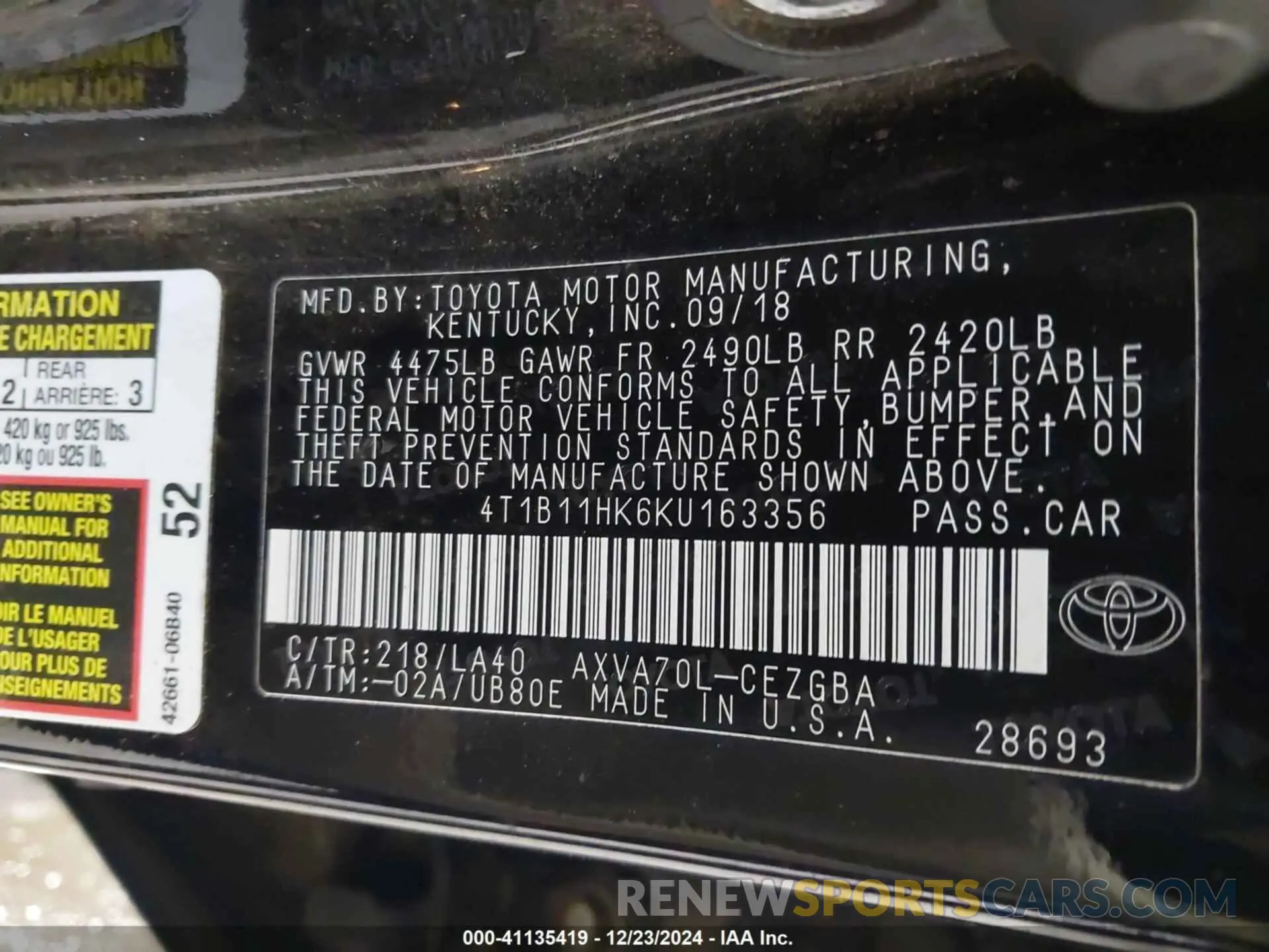 9 Photograph of a damaged car 4T1B11HK6KU163356 TOYOTA CAMRY 2019