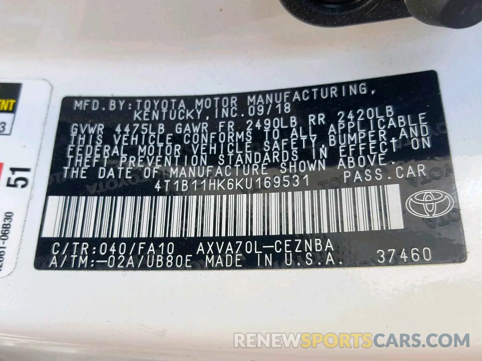 10 Photograph of a damaged car 4T1B11HK6KU169531 TOYOTA CAMRY 2019