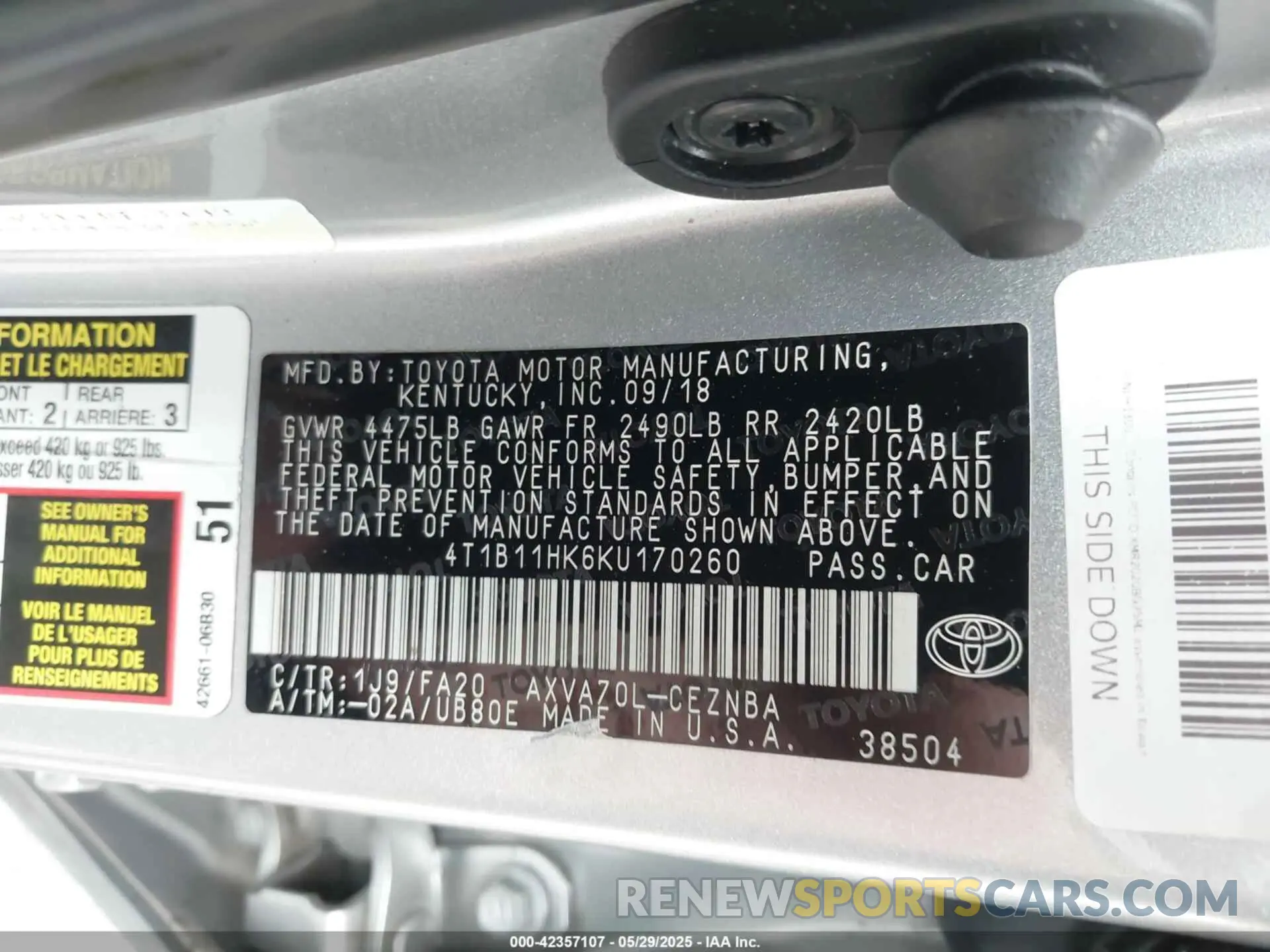 9 Фотография поврежденного автомобиля 4T1B11HK6KU170260 TOYOTA CAMRY 2019