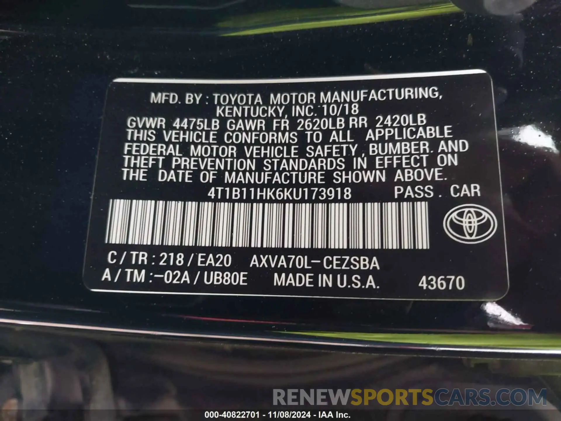 9 Photograph of a damaged car 4T1B11HK6KU173918 TOYOTA CAMRY 2019