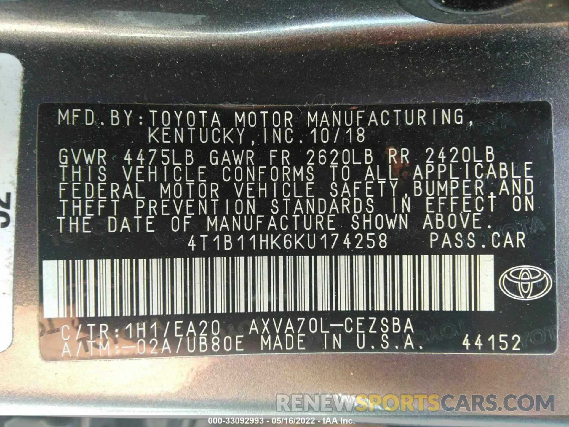 9 Photograph of a damaged car 4T1B11HK6KU174258 TOYOTA CAMRY 2019