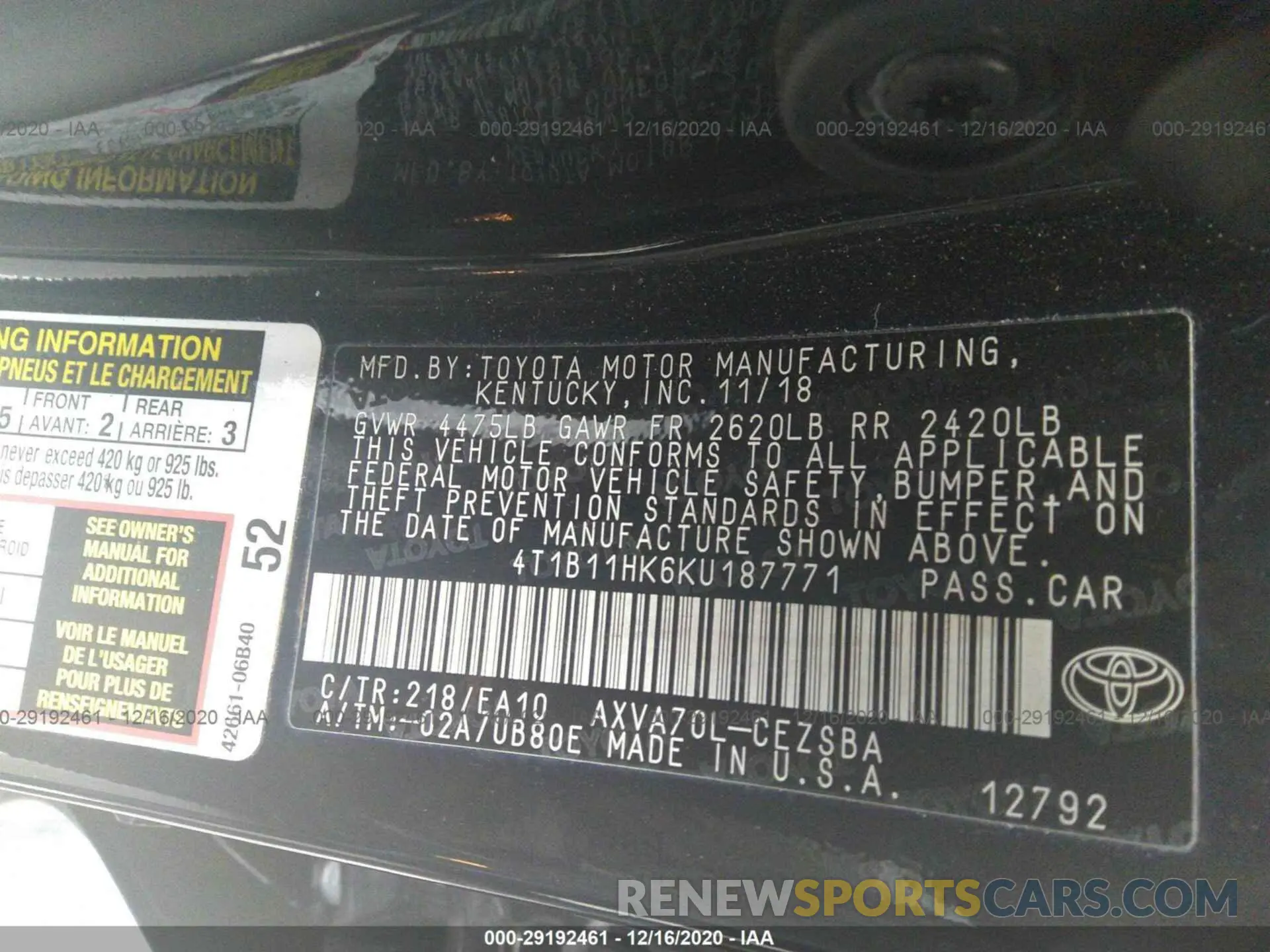 9 Photograph of a damaged car 4T1B11HK6KU187771 TOYOTA CAMRY 2019