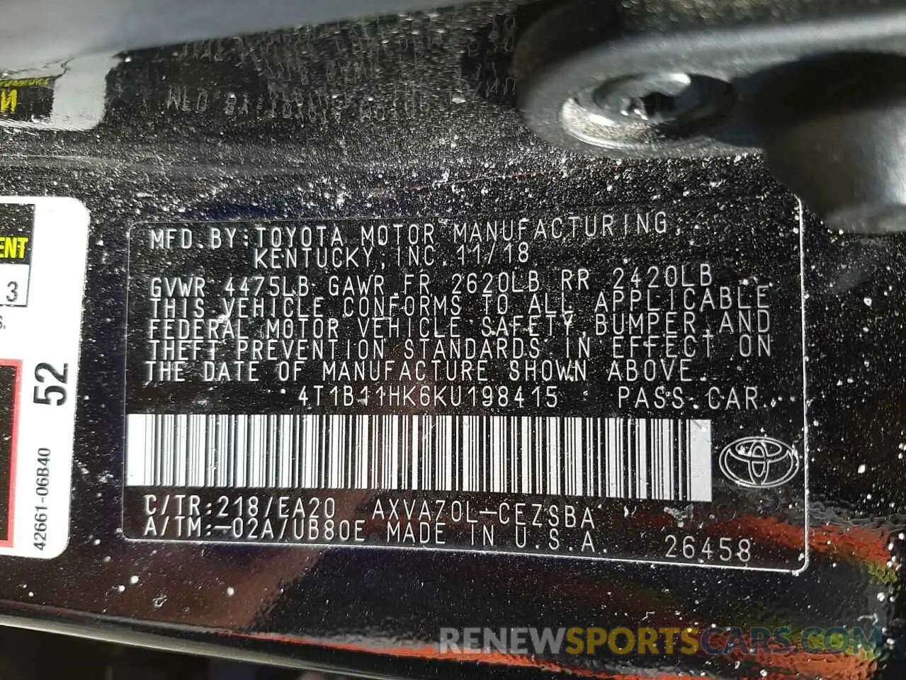 10 Photograph of a damaged car 4T1B11HK6KU198415 TOYOTA CAMRY 2019