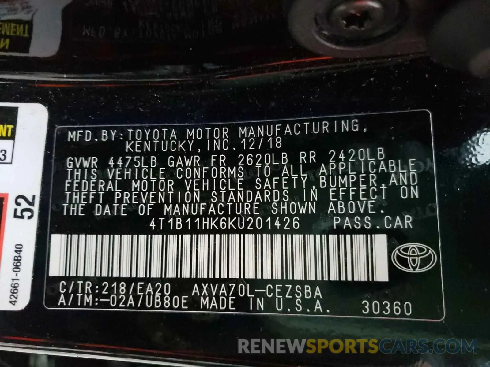 10 Photograph of a damaged car 4T1B11HK6KU201426 TOYOTA CAMRY 2019