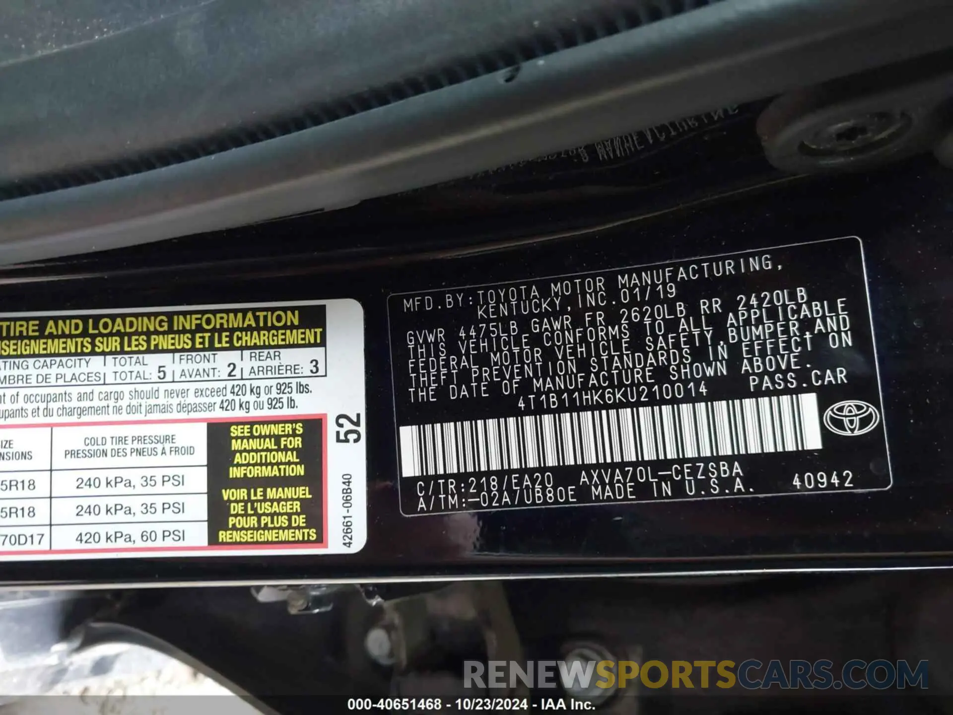 9 Photograph of a damaged car 4T1B11HK6KU210014 TOYOTA CAMRY 2019
