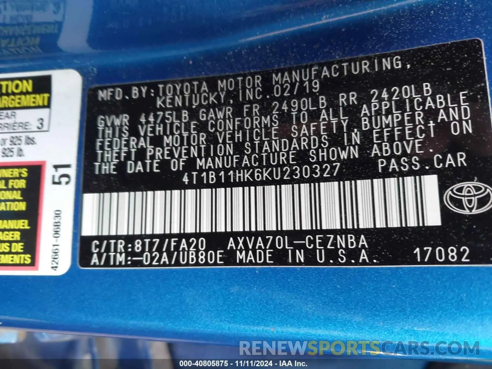 9 Фотография поврежденного автомобиля 4T1B11HK6KU230327 TOYOTA CAMRY 2019