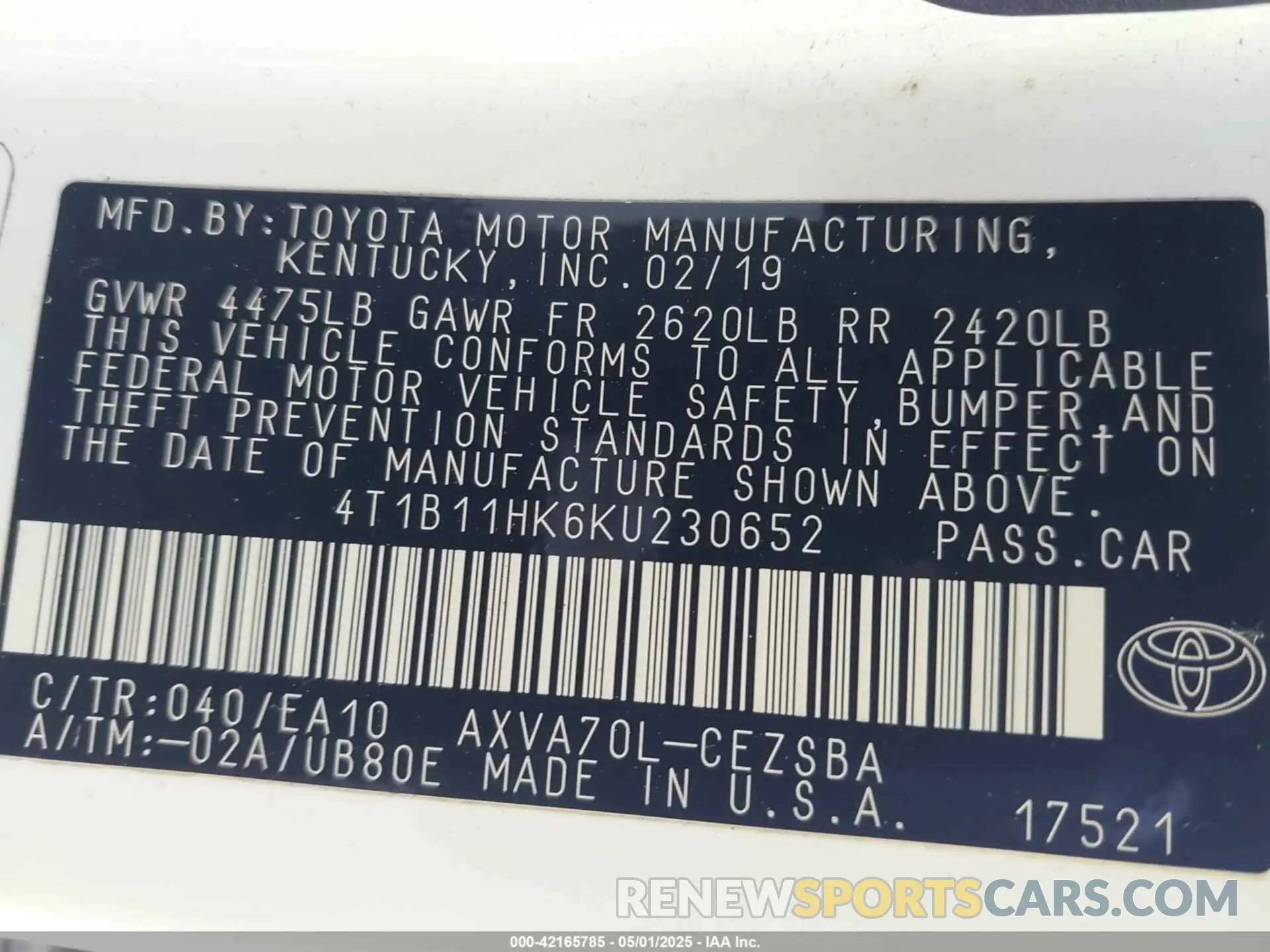 9 Photograph of a damaged car 4T1B11HK6KU230652 TOYOTA CAMRY 2019
