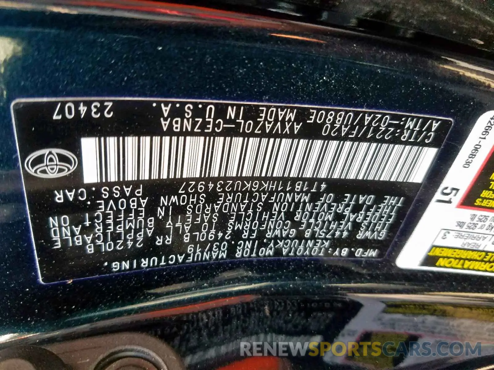 10 Photograph of a damaged car 4T1B11HK6KU234927 TOYOTA CAMRY 2019