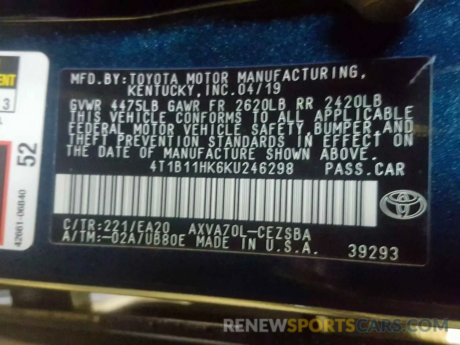 10 Photograph of a damaged car 4T1B11HK6KU246298 TOYOTA CAMRY 2019