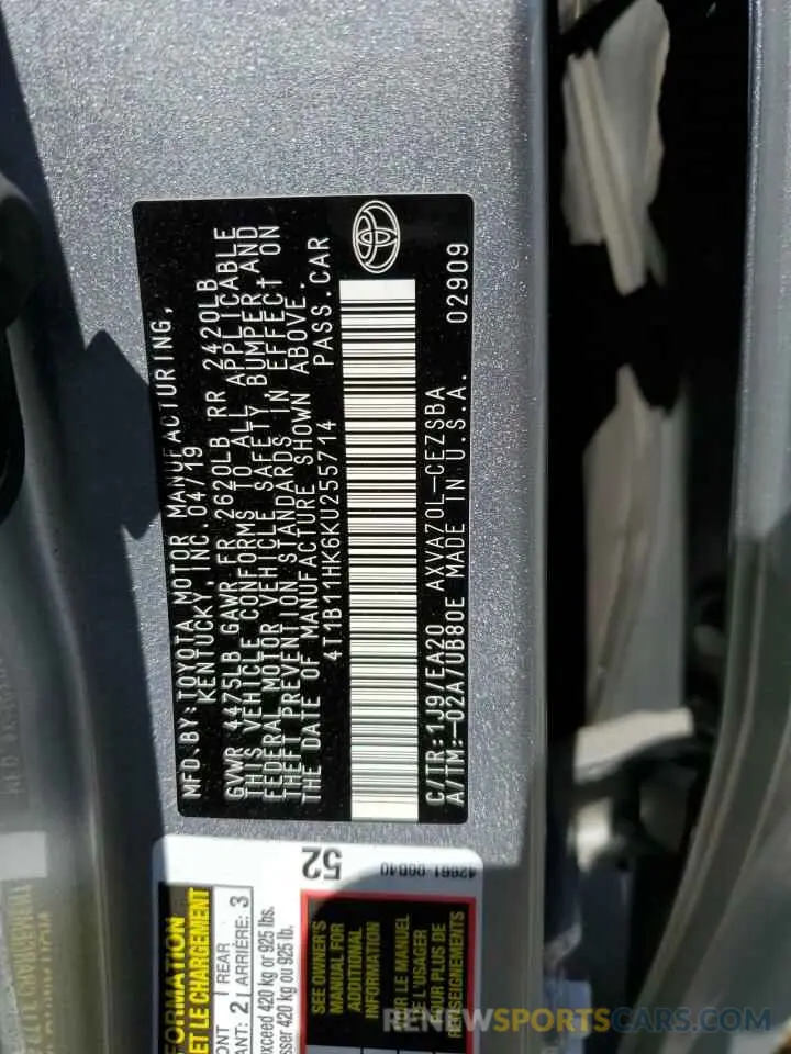 13 Photograph of a damaged car 4T1B11HK6KU255714 TOYOTA CAMRY 2019