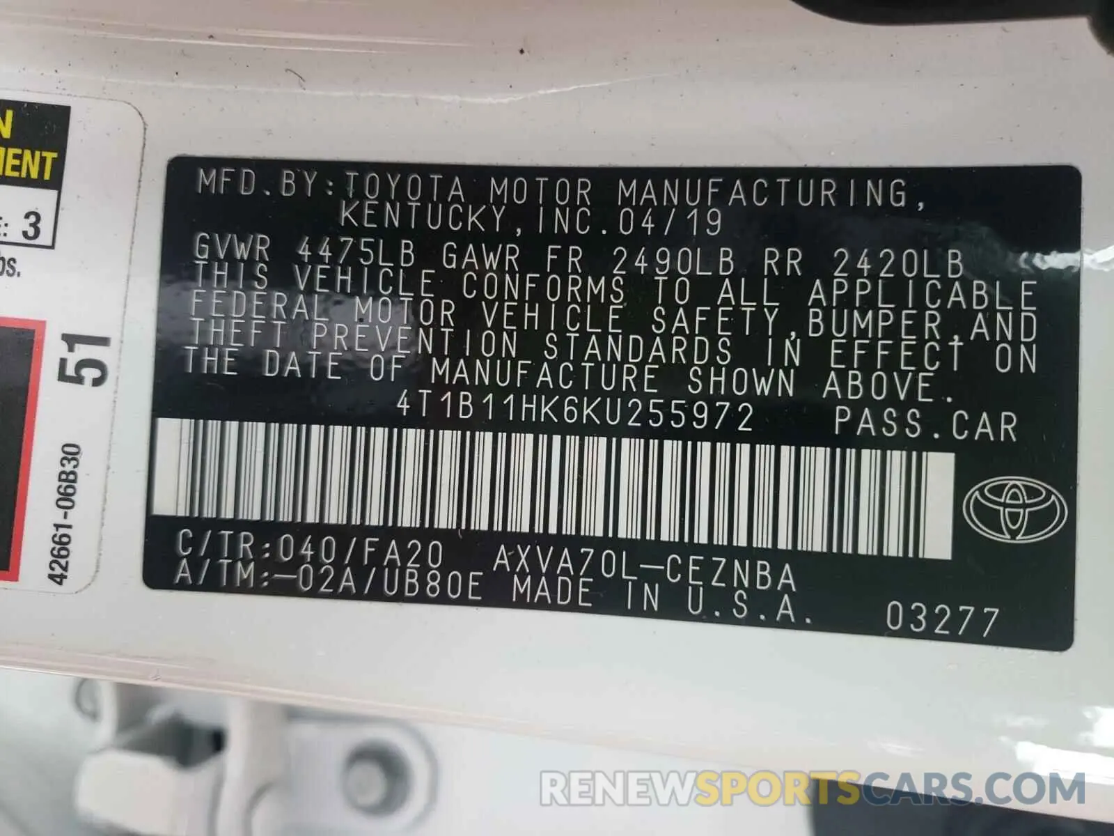 10 Photograph of a damaged car 4T1B11HK6KU255972 TOYOTA CAMRY 2019