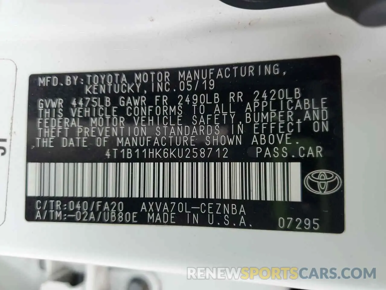 13 Фотография поврежденного автомобиля 4T1B11HK6KU258712 TOYOTA CAMRY 2019