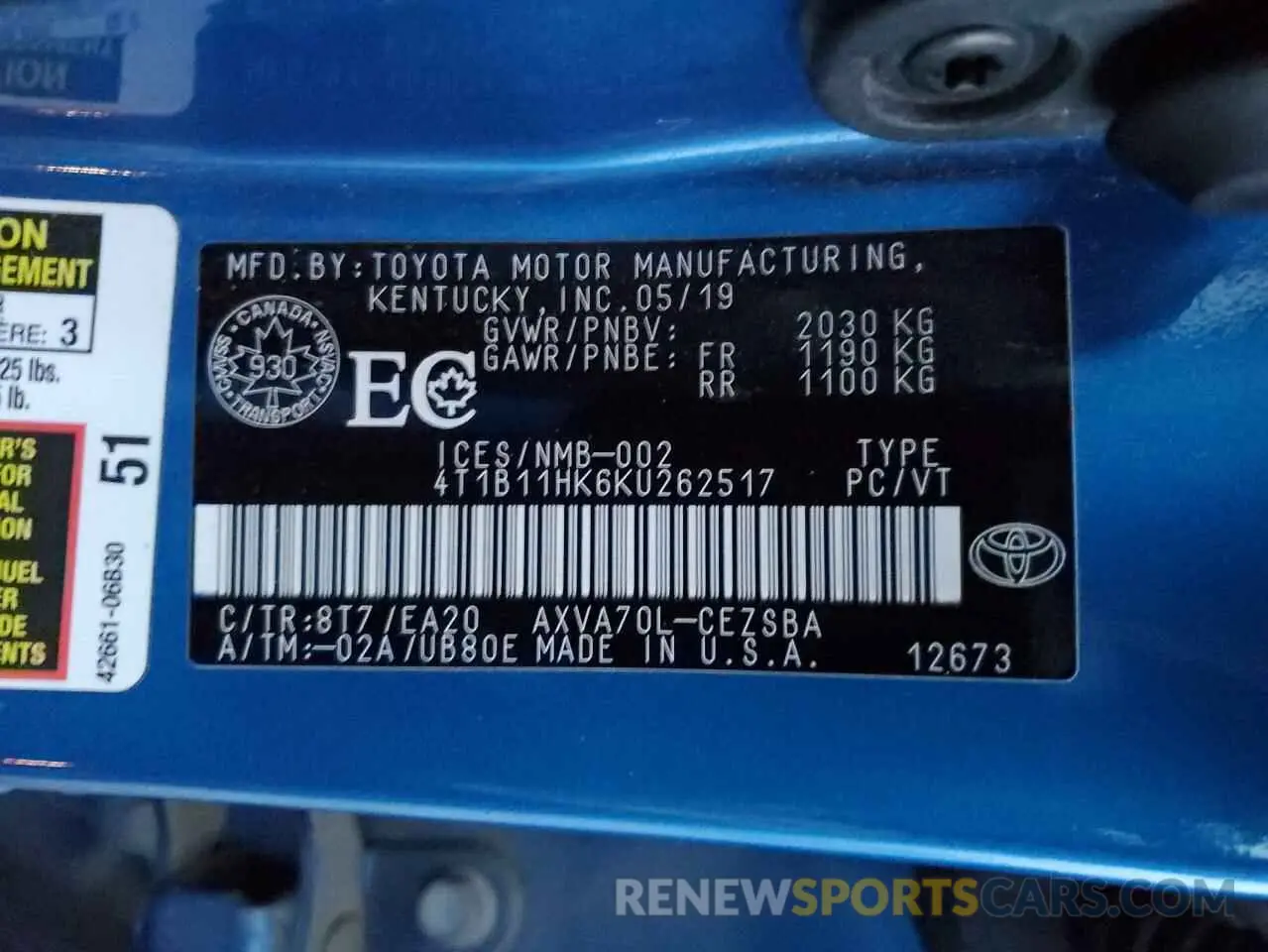 12 Photograph of a damaged car 4T1B11HK6KU262517 TOYOTA CAMRY 2019