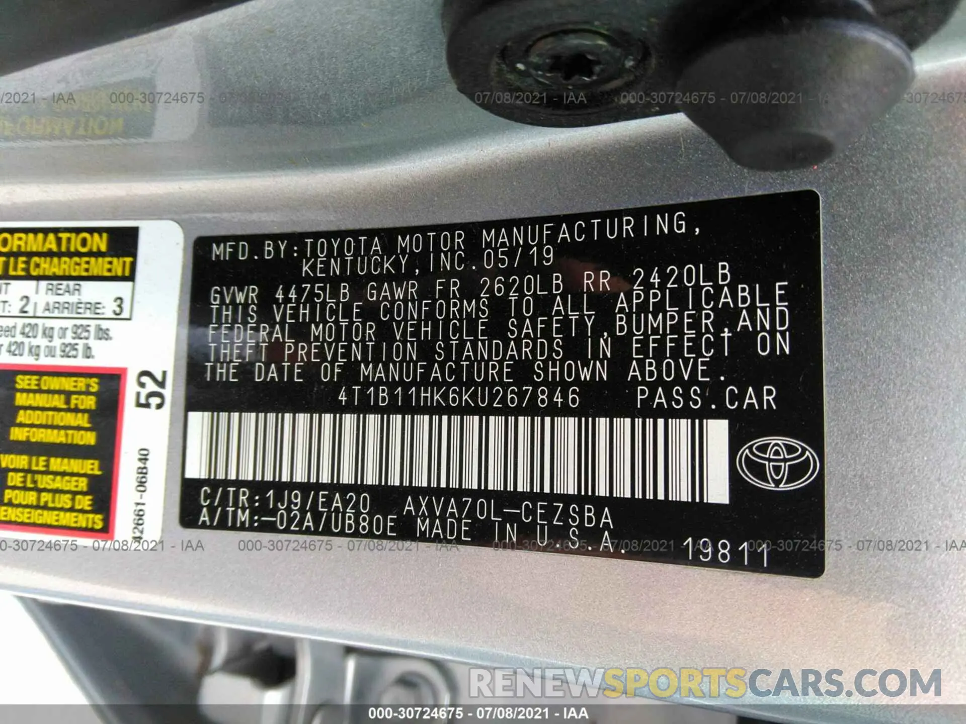 9 Photograph of a damaged car 4T1B11HK6KU267846 TOYOTA CAMRY 2019