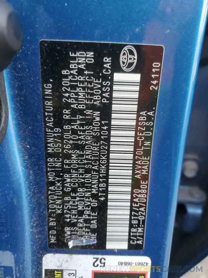 12 Photograph of a damaged car 4T1B11HK6KU271041 TOYOTA CAMRY 2019