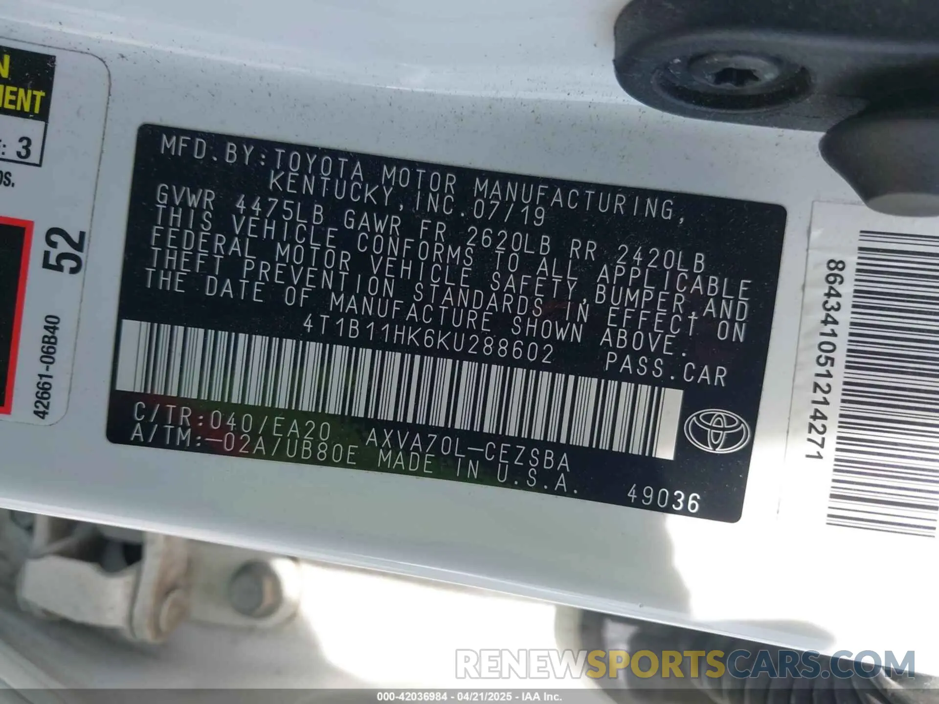 9 Photograph of a damaged car 4T1B11HK6KU288602 TOYOTA CAMRY 2019