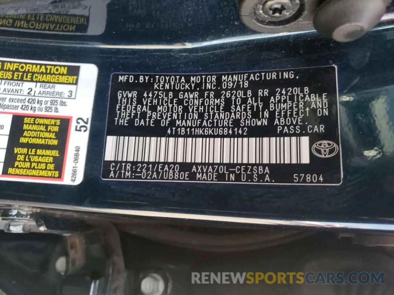 10 Photograph of a damaged car 4T1B11HK6KU684142 TOYOTA CAMRY 2019