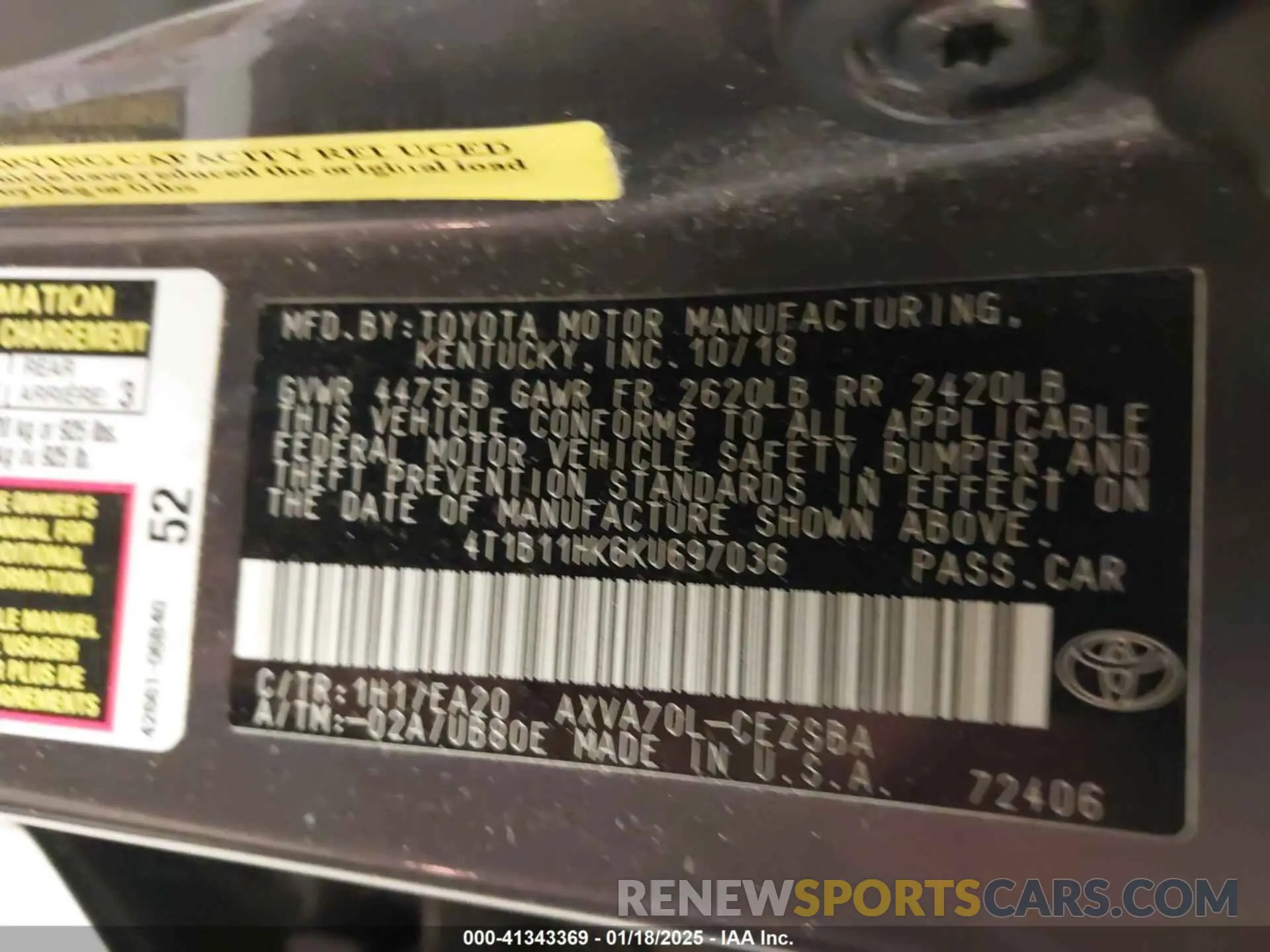 9 Photograph of a damaged car 4T1B11HK6KU697036 TOYOTA CAMRY 2019