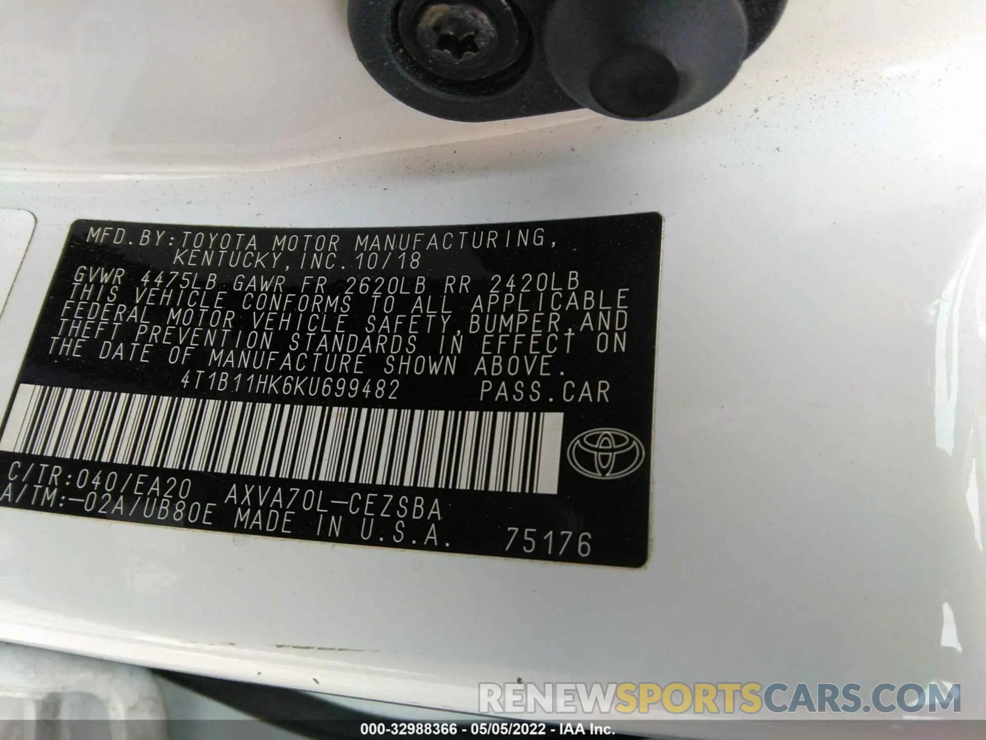 9 Photograph of a damaged car 4T1B11HK6KU699482 TOYOTA CAMRY 2019