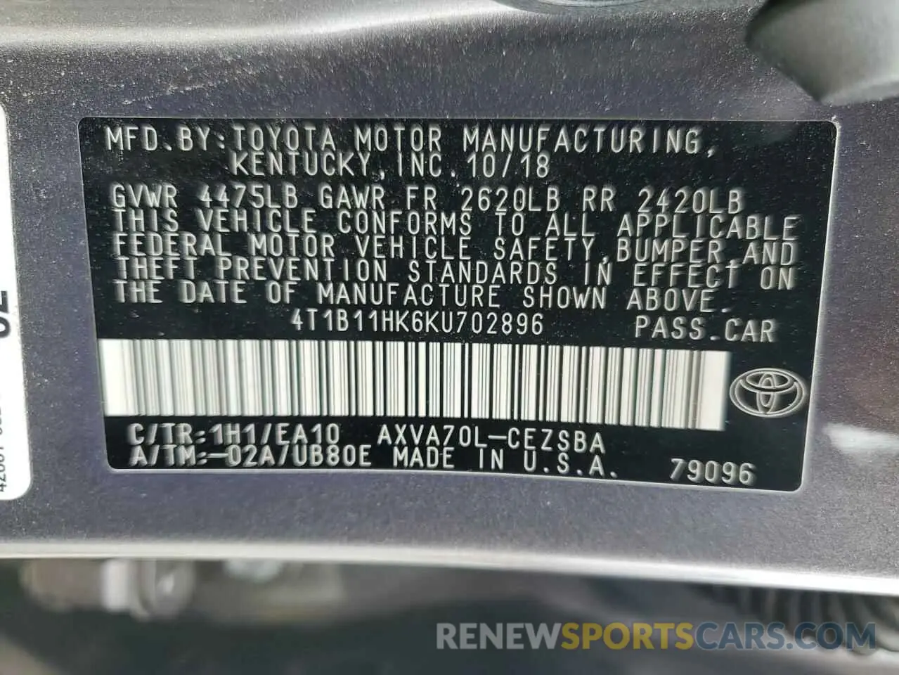 14 Photograph of a damaged car 4T1B11HK6KU702896 TOYOTA CAMRY 2019