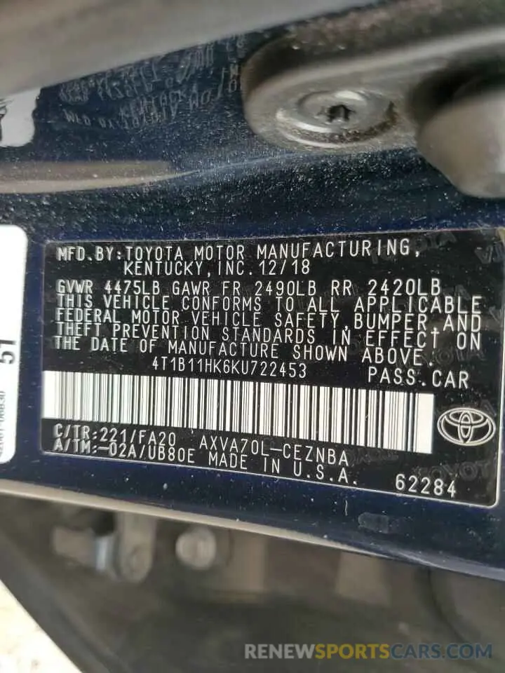 12 Photograph of a damaged car 4T1B11HK6KU722453 TOYOTA CAMRY 2019