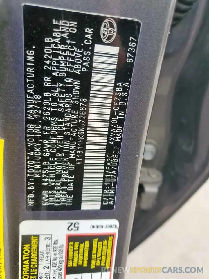 13 Фотография поврежденного автомобиля 4T1B11HK6KU726678 TOYOTA CAMRY 2019
