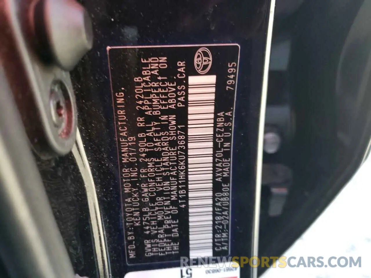 10 Photograph of a damaged car 4T1B11HK6KU736871 TOYOTA CAMRY 2019