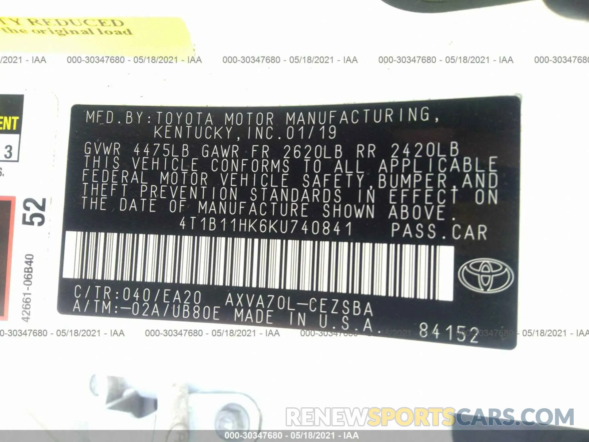 9 Photograph of a damaged car 4T1B11HK6KU740841 TOYOTA CAMRY 2019