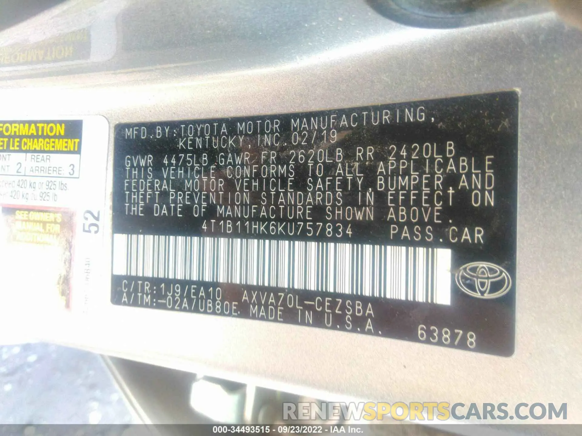 9 Фотография поврежденного автомобиля 4T1B11HK6KU757834 TOYOTA CAMRY 2019