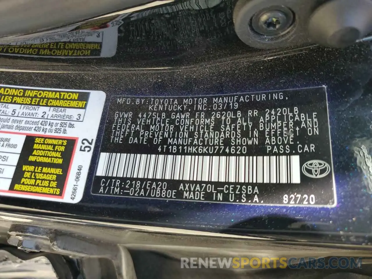 12 Photograph of a damaged car 4T1B11HK6KU774620 TOYOTA CAMRY 2019