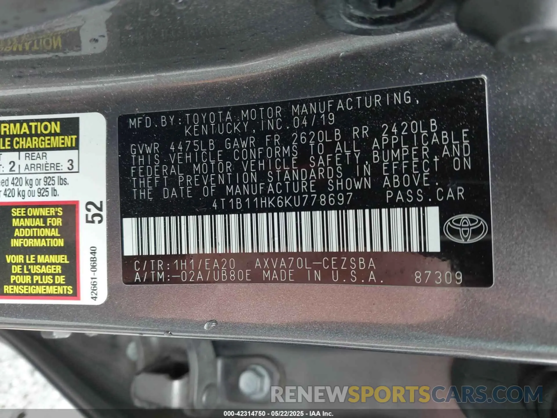 9 Photograph of a damaged car 4T1B11HK6KU778697 TOYOTA CAMRY 2019