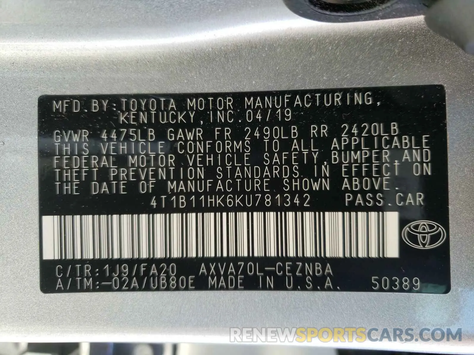 10 Photograph of a damaged car 4T1B11HK6KU781342 TOYOTA CAMRY 2019