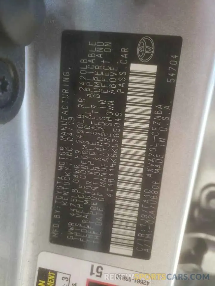 12 Photograph of a damaged car 4T1B11HK6KU785049 TOYOTA CAMRY 2019
