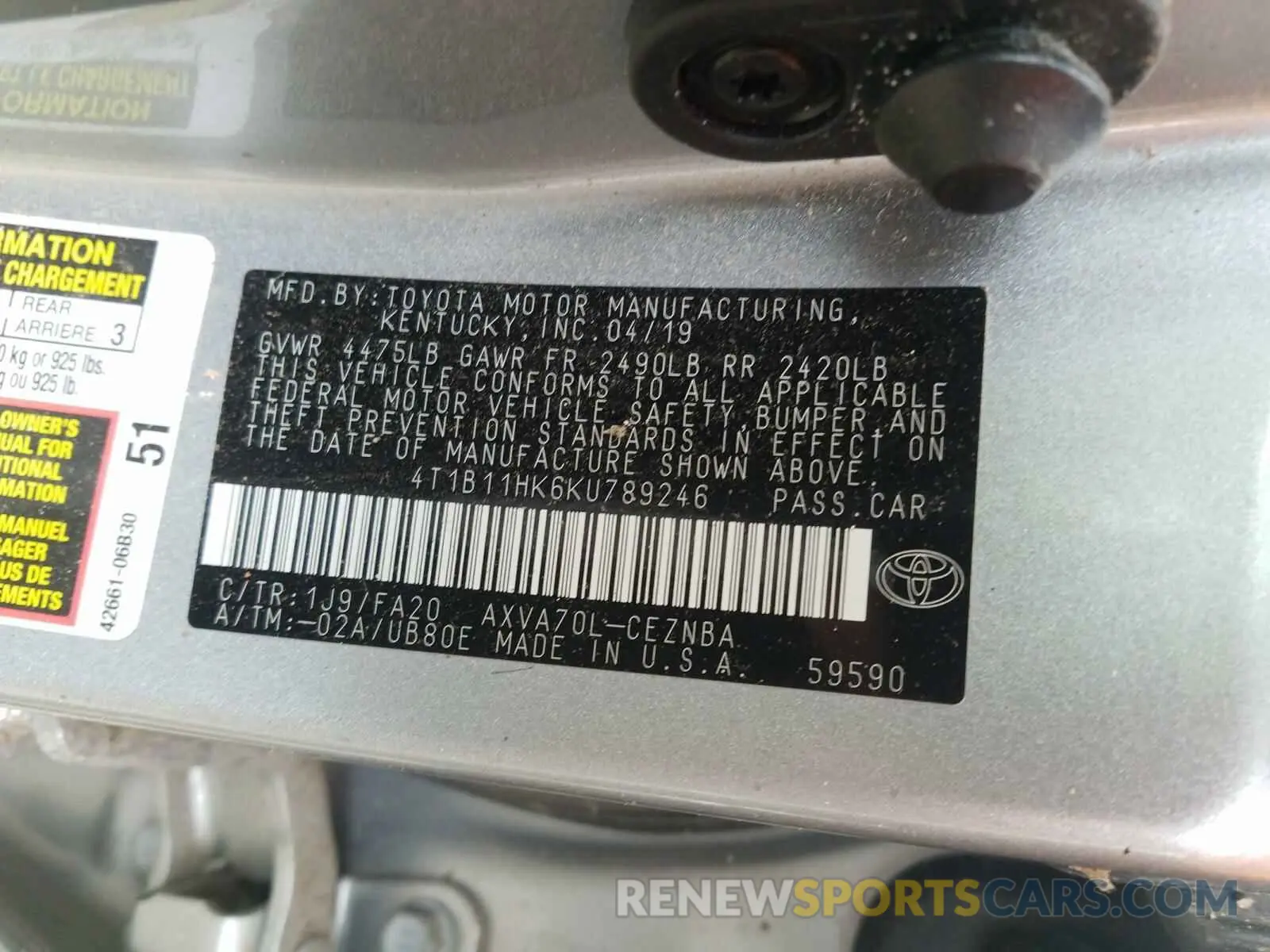 10 Photograph of a damaged car 4T1B11HK6KU789246 TOYOTA CAMRY 2019