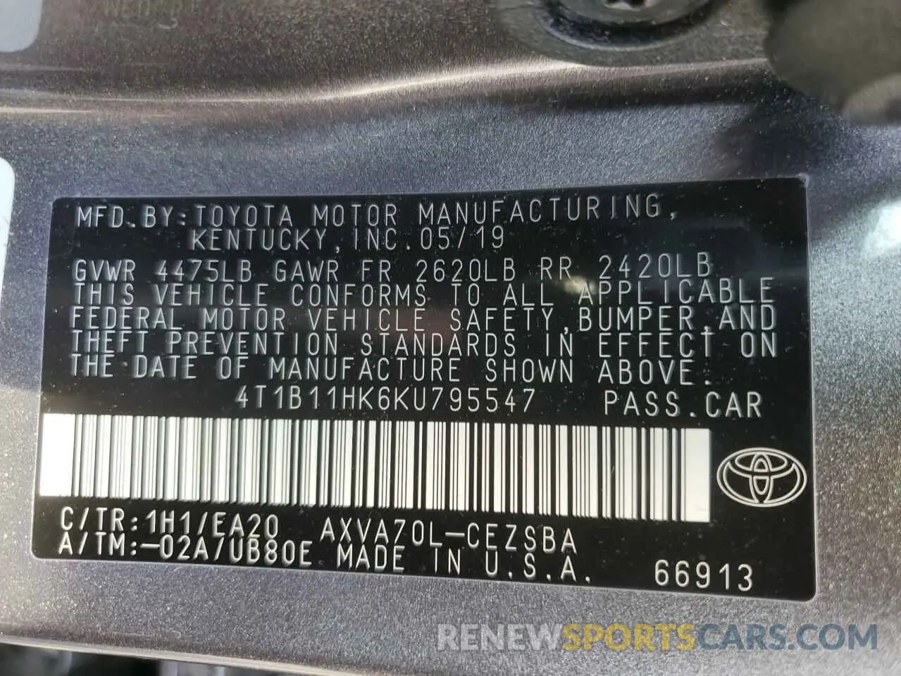 12 Фотография поврежденного автомобиля 4T1B11HK6KU795547 TOYOTA CAMRY 2019