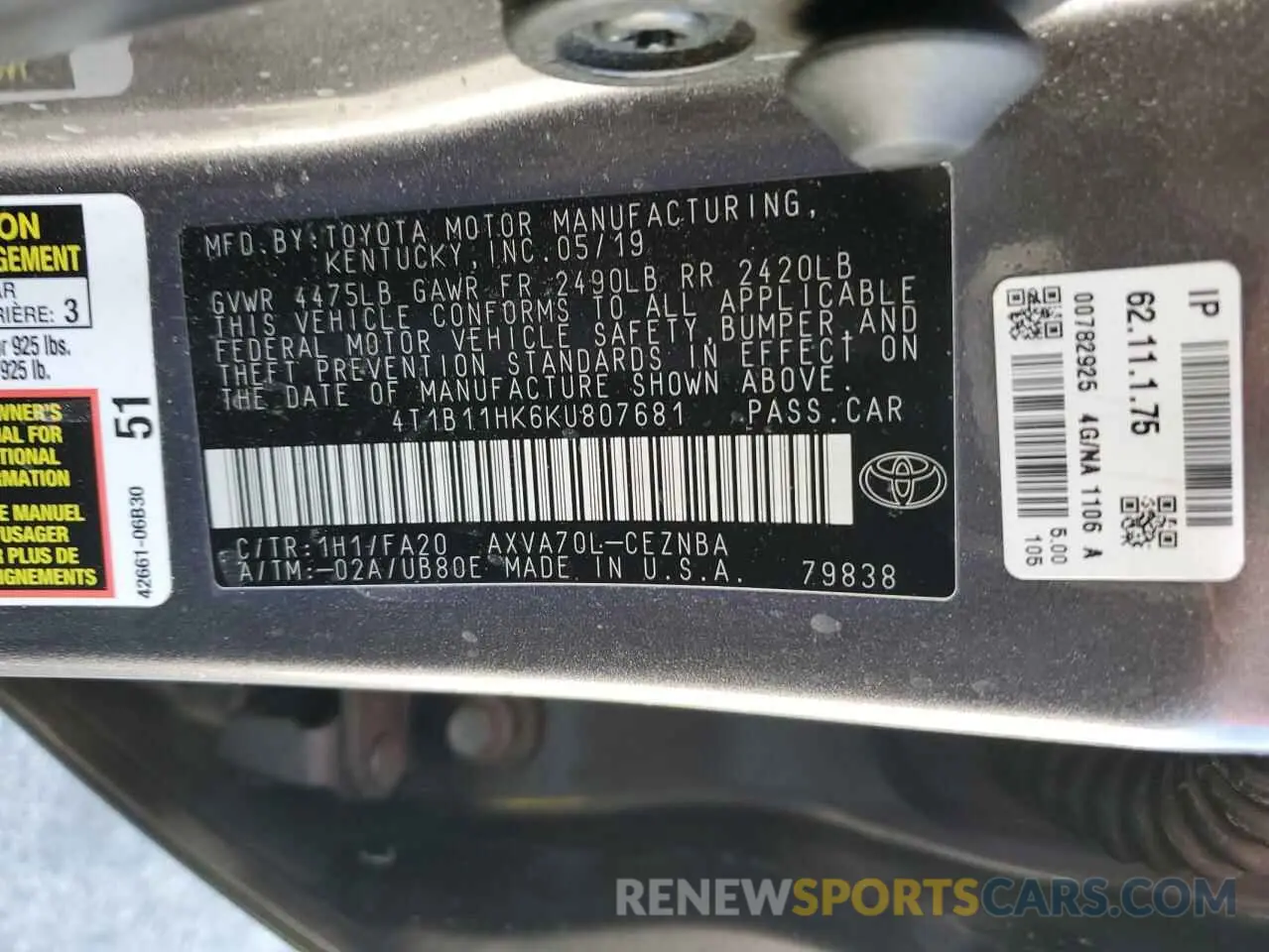 12 Фотография поврежденного автомобиля 4T1B11HK6KU807681 TOYOTA CAMRY 2019
