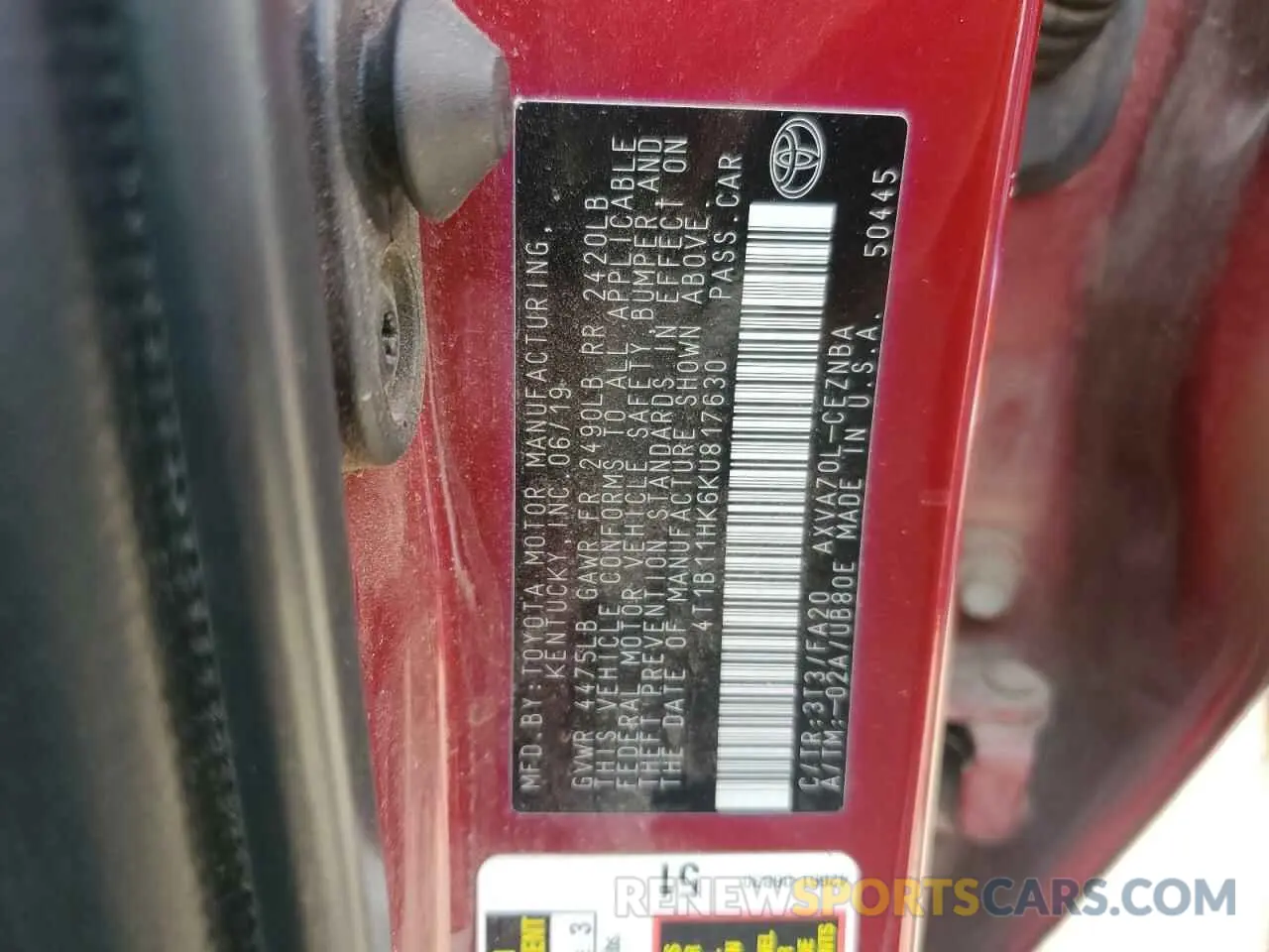 12 Фотография поврежденного автомобиля 4T1B11HK6KU817630 TOYOTA CAMRY 2019