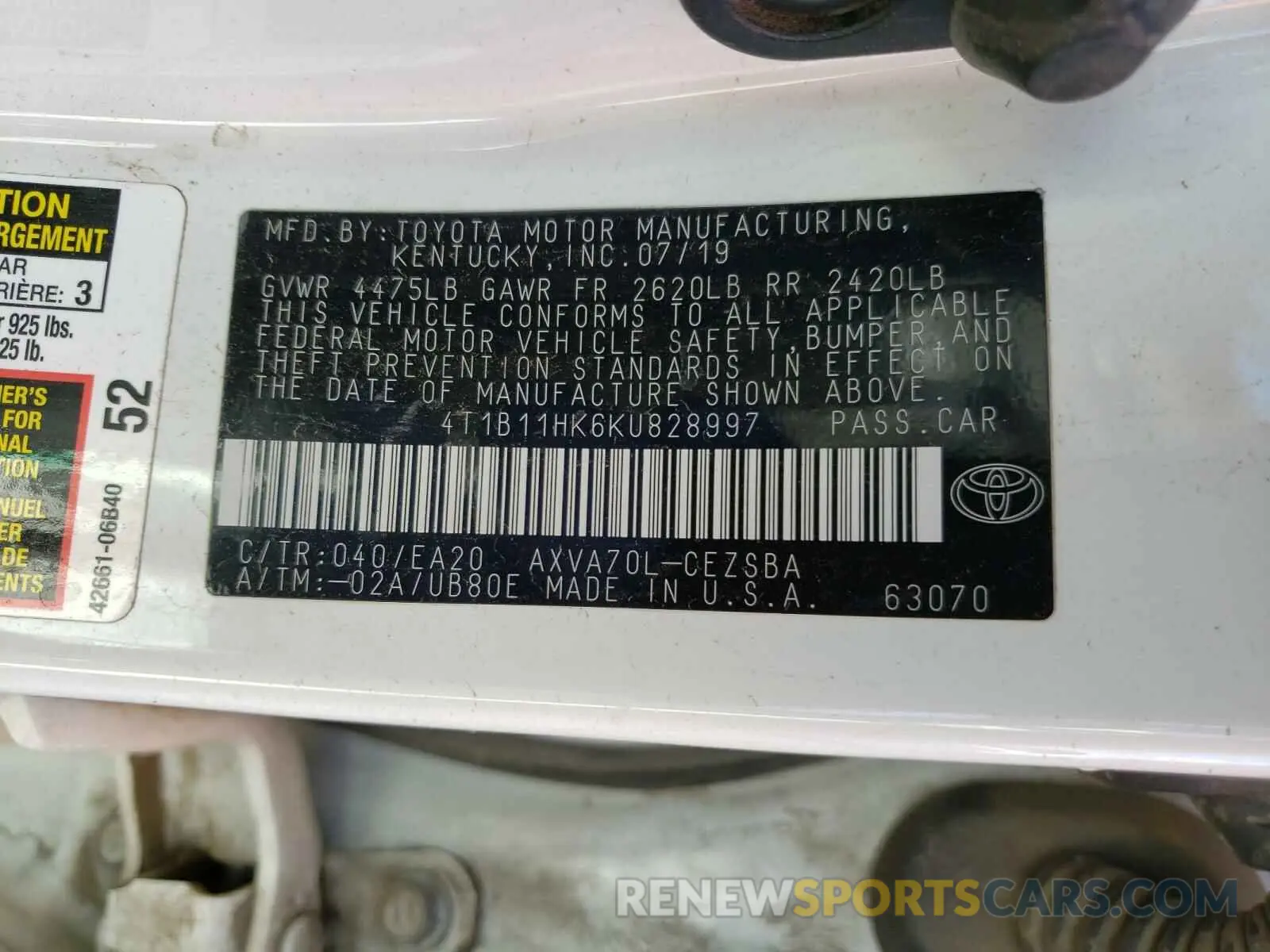 10 Photograph of a damaged car 4T1B11HK6KU828997 TOYOTA CAMRY 2019