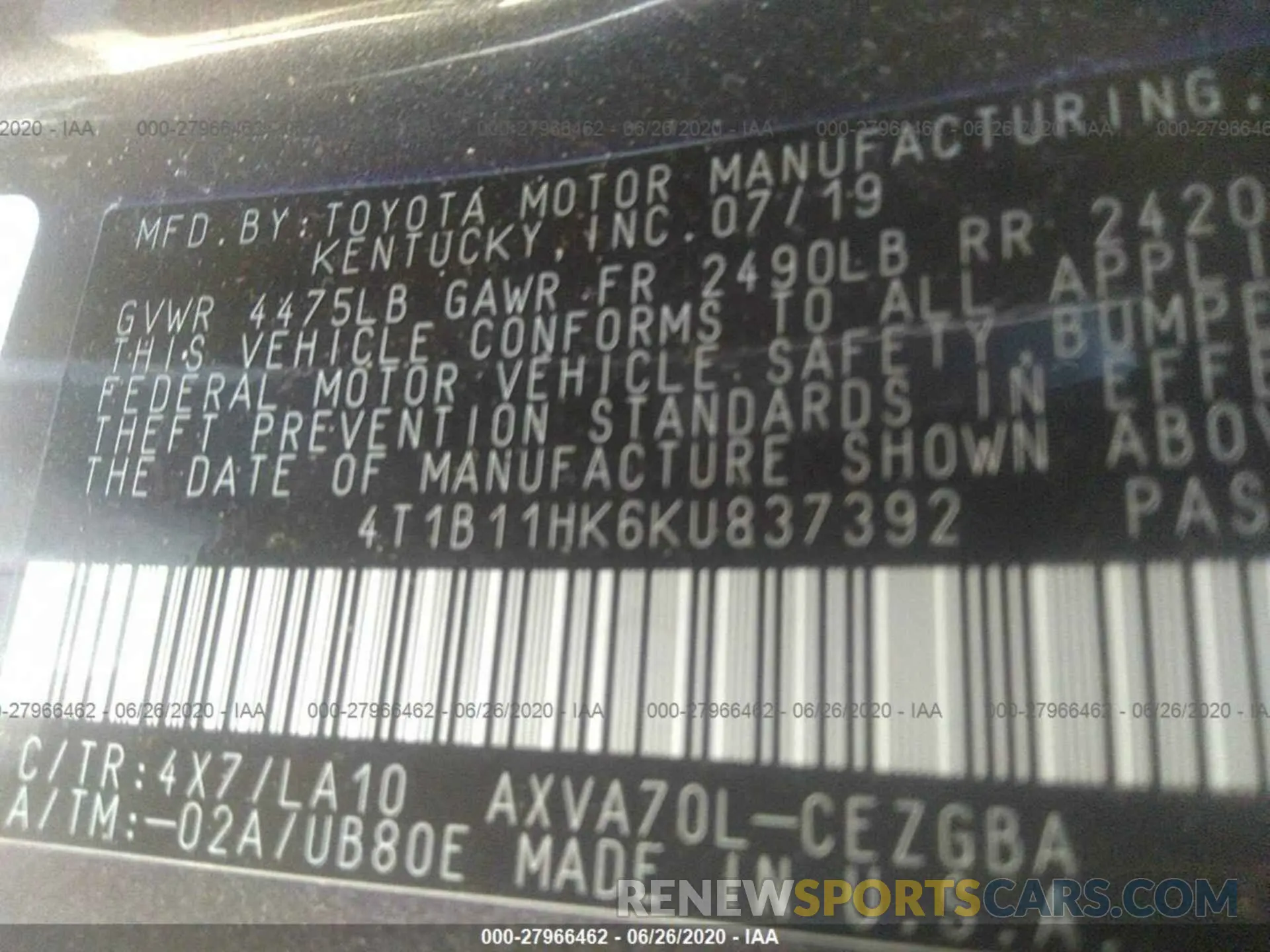 9 Photograph of a damaged car 4T1B11HK6KU837392 TOYOTA CAMRY 2019