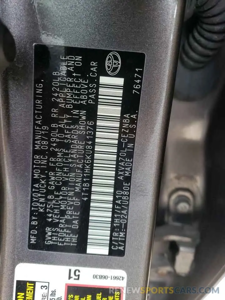 13 Фотография поврежденного автомобиля 4T1B11HK6KU841376 TOYOTA CAMRY 2019